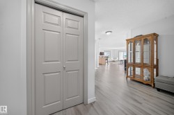 Recessed panel bifold doors, light gray walls, and wood-finish flooring - 