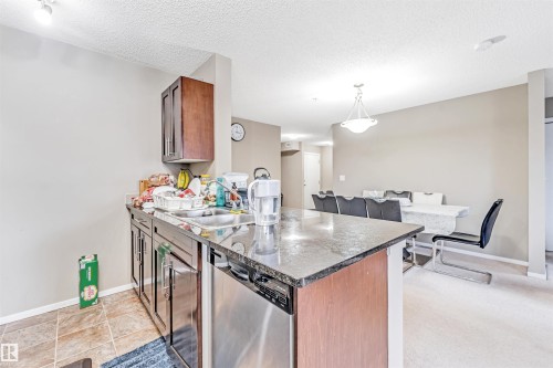 Kitchen island with a granite-style countertop, stainless steel dishwasher, and wood-finish cabinetry - #225 111 Watt Cm Sw, Edmonton, AB 