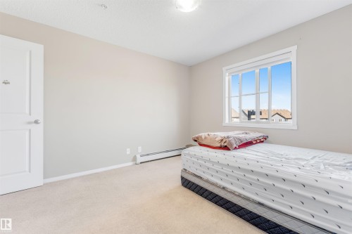 Neutral wall color, carpeted flooring, window with white trim, built-in baseboard heating, and a flush mount ceiling light - #225 111 Watt Cm Sw, Edmonton, AB 