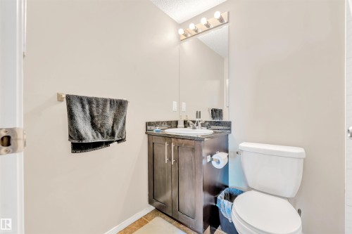 Bathroom featuring a dark wood-finish vanity with a white basin sink, dark countertop, and decorative light fixture - #225 111 Watt Cm Sw, Edmonton, AB 