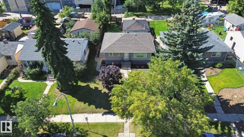 Front yard with a concrete pathway, mature trees, and a manicured lawn - 12916 63 Street Nw, Edmonton, AB 