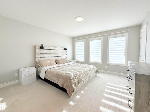 Soft carpet flooring, three windows with horizontal blinds, recessed ceiling lighting, and a white paneled door - 1003 Goldfinch Way Nw, Edmonton, AB 