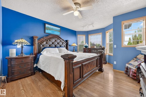 Wood-finish flooring, multiple windows providing natural light, a ceiling fan, and track lighting - 1223 Gillespie Crescent Nw, Edmonton, AB 
