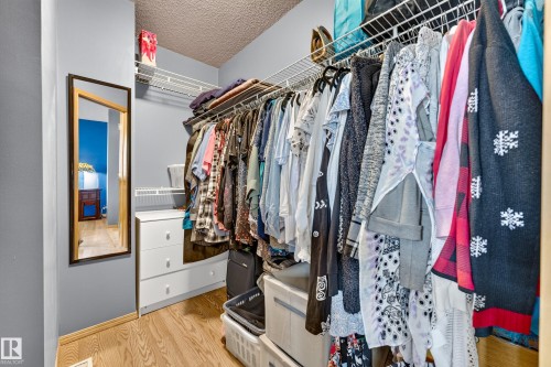 Walk-in closet featuring wire shelving, wood-finish flooring, and a mirrored door - 1223 Gillespie Crescent Nw, Edmonton, AB 