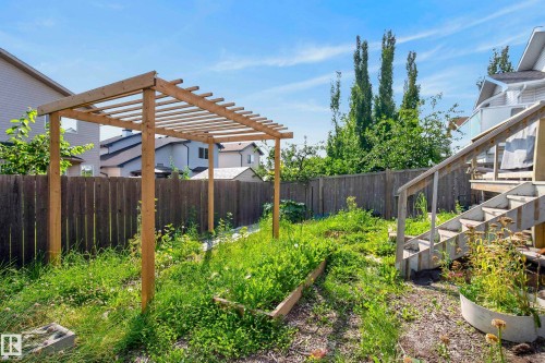 Expansive backyard featuring a wooden pergola, raised garden bed, and a wooden privacy fence - 15213 49A Street Nw, Edmonton, AB 