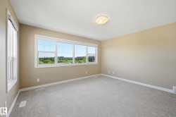 Spacious room featuring a large multi-pane window, an additional single-pane window, neutral wall paint, light-toned carpeting, and a flush-mount ceiling light fixture - 