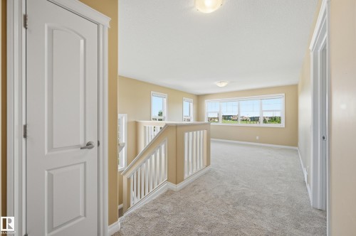 Spacious upper-level landing featuring light-toned carpeting, ample natural light from multiple windows, and a white balustrade - 1590 Chapman Way Sw, Edmonton, AB - Indoor Photo Showing Other Room