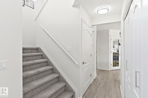 Carpeted staircase with white handrails and a neutral wall color - 3525 22 St Nw, Edmonton, AB 
