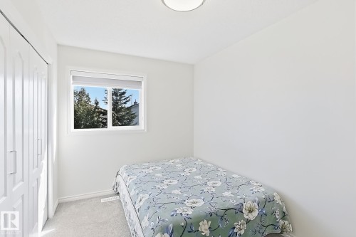 White walls with light gray carpet flooring, featuring a window with roller shade and white louvered closet doors - 3525 22 St Nw, Edmonton, AB 