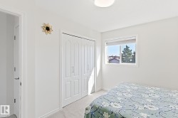 Bright room featuring a window with a roller blind, carpeted flooring, a flush-mount ceiling light, and bi-fold closet doors - 