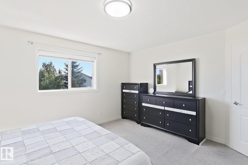 White painted walls, light-colored carpeting, a single window, and a flush mount ceiling light fixture - 3525 22 St Nw, Edmonton, AB 