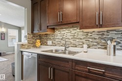 Rich wood-finish cabinetry, stainless steel double basin sink, stainless steel dishwasher, mosaic tile backsplash, and light-toned countertops - 