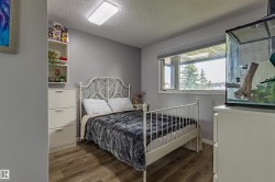 Spacious room with wood-finish flooring, a large window, and a built-in shelving unit with drawers - 
