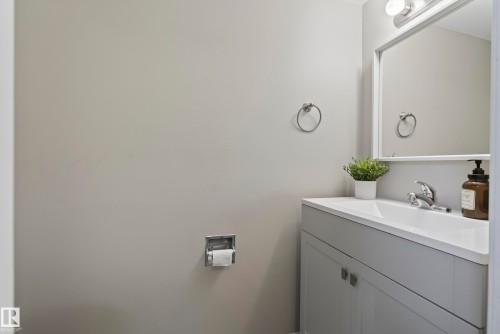 Vanity with integrated sink, chrome faucet, wall-mounted mirror, and overhead lighting fixture - 141 Dickinsfield Court Nw, Edmonton, AB 
