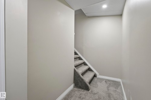 Carpeted staircase with white trim and a recessed ceiling light - 141 Dickinsfield Court Nw, Edmonton, AB 