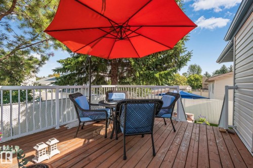 Wood-finish deck with white railings and mature trees in the background - 18812 89 Avenue Nw, Edmonton, AB 