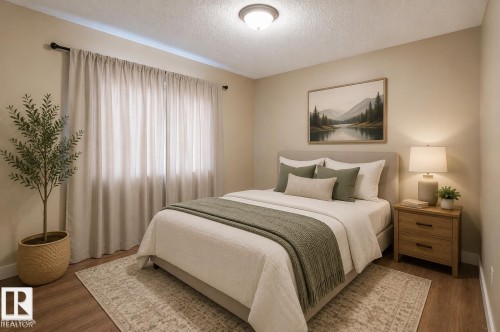 Recessed ceiling light, neutral wall color, wood-finish flooring, full-length window with light-filtering drapes, and an upholstered headboard - 10439 36A Ave Nw, Edmonton, AB 