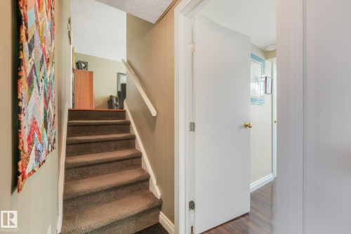 Carpeted staircase with white handrail to 2nd level - 10531 137 Street Nw, Edmonton, AB 