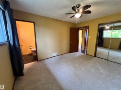 Carpeted room with a ceiling fan, sliding mirrored closet doors, and wood-finish trim - 