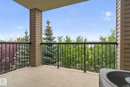 Outdoor balcony with textured flooring, framed by tan siding and a black metal railing - #335 2096 Blackmud Creek Dr Sw, Edmonton, AB - Outdoor With Exterior