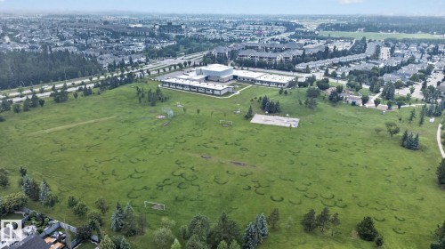 Expansive green space featuring scattered trees, a paved pathway, and distant residential structures - #335 2096 Blackmud Creek Dr Sw, Edmonton, AB - Outdoor With View