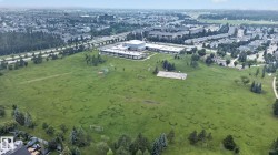 Expansive green space featuring scattered trees, a paved pathway, and distant residential structures - 