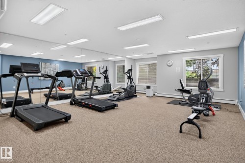 Dedicated fitness area featuring extensive mirrored walls, recessed lighting, carpet flooring, and multiple windows - #335 2096 Blackmud Creek Dr Sw, Edmonton, AB - Indoor Photo Showing Gym Room