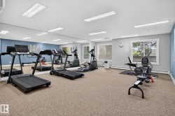 Dedicated fitness area featuring extensive mirrored walls, recessed lighting, carpet flooring, and multiple windows - 