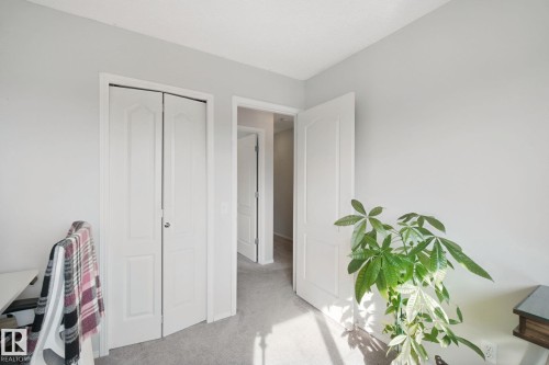 Light gray wall paint, white trim, white bi-fold closet doors, white interior doors, and gray carpet - 15618 141 Street Nw, Edmonton, AB 