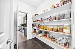 Walk-in pantry with extensive shelving, dark tile flooring, and a white paneled door - 