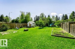 Expansive fenced yard featuring a storage shed, mature trees, and a dedicated garden plot - 