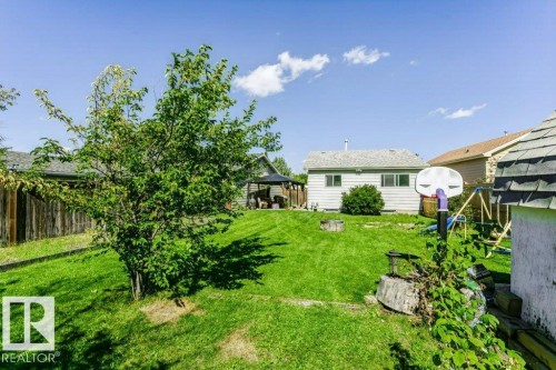 Expansive grassy yard featuring a mature tree, privacy fencing, and a detached structure with siding - 18431 95A Avenue Nw, Edmonton, AB 