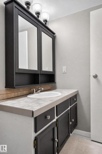 Dark-toned vanity with a built-in sink, coordinating medicine cabinet, and three-light fixture - #204 7407 171 St Nw, Edmonton, AB 
