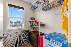 Walk-in closet featuring a window with white trim, built-in wire shelving, and a wall-mounted door handle - 