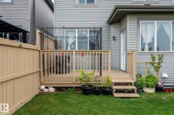 Expansive wood deck with stairs leading to a manicured lawn - 