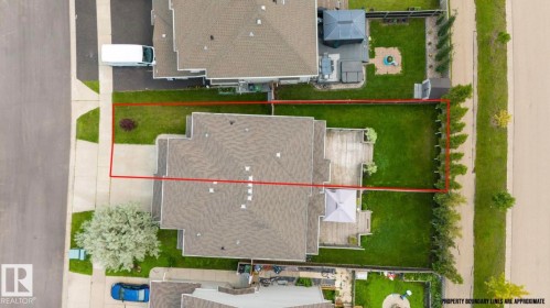 Aerial perspective showcasing a property with a spacious backyard - 79 Catalina Crest, Fort Saskatchewan, AB - Other