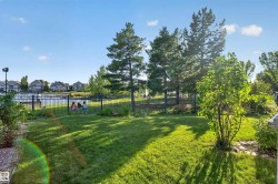 Expansive grassy yard with a black metal fence, mature trees, and a visible body of water - 