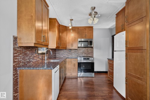 Wood-finish cabinetry, stainless steel appliances, granite-style countertops, mosaic tile backsplash, and wood-finish flooring - 13351 109A Avenue Nw, Edmonton, AB 