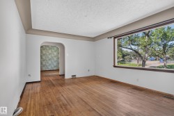 Expansive window with dark trim, wood-finish flooring, light-toned walls, and an arched doorway - 