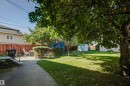 Expansive grassy yard with mature trees, a concrete patio, and a privacy fence - 10916 151 Street Nw, Edmonton, AB 