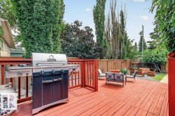 Expansive red-stained wood deck featuring a railing and gate - 