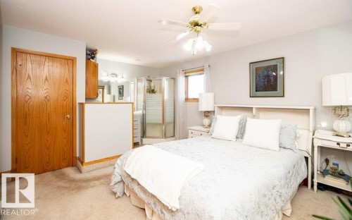 Carpeted flooring, ceiling fan, wood-finish door, built-in shelving in headboard, corner shower enclosure - 11007 108 Avenue, Westlock, AB 