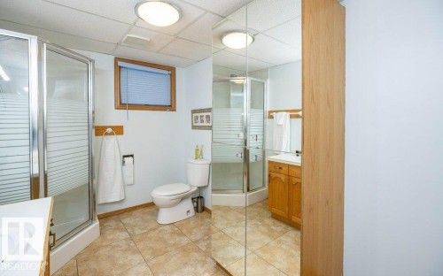 Corner glass shower enclosure, wood-finish vanity with countertop, ceiling-mounted light fixtures, tile flooring, and a built-in mirrored wall - 11007 108 Avenue, Westlock, AB 