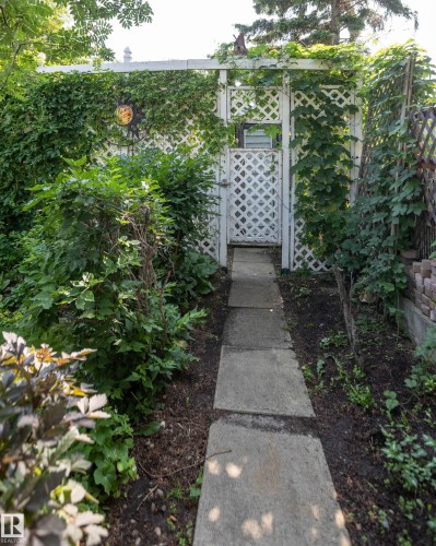 Lattice fence with climbing vines, mature landscaping, and a concrete paver path - 11007 108 Avenue, Westlock, AB 