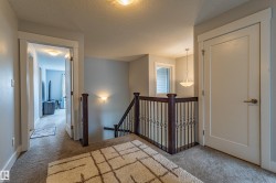 Carpeted hallway featuring a dark wood newel post and balusters with decorative metal spindles, light gray wall paint, and white trim - 