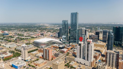 Aerial perspective showcasing a dense urban landscape with high-rise residential and commercial buildings - #2205 10226 104 St Nw, Edmonton, AB - Outdoor With View