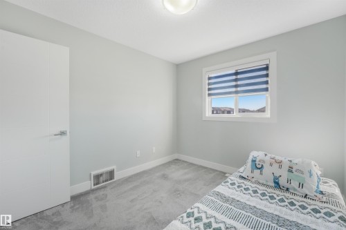 Neutral wall paint, ceiling-mounted light fixture, window with horizontal blinds, and grey carpet flooring - 6453 177A Avenue Nw, Edmonton, AB 