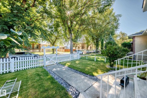 Manicured front yard with a white picket fence, arched gate, concrete walkway, and mature trees - Edmonton, AB 