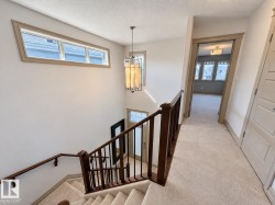 Carpeted staircase with dark wood-finish handrails and balusters, transom windows with light wood-finish trim, and a decorative pendant light fixture - 