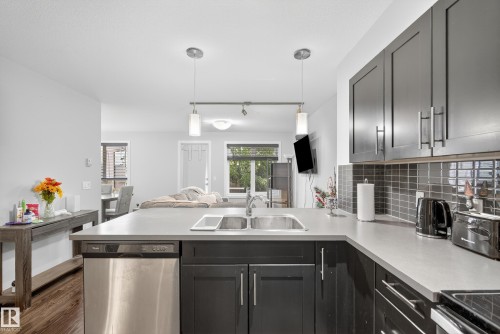 Kitchen featuring dark cabinetry, stainless steel dishwasher, double basin sink, light-toned countertops, and a tiled backsplash - #107 1031 173 St Sw, Edmonton, AB 